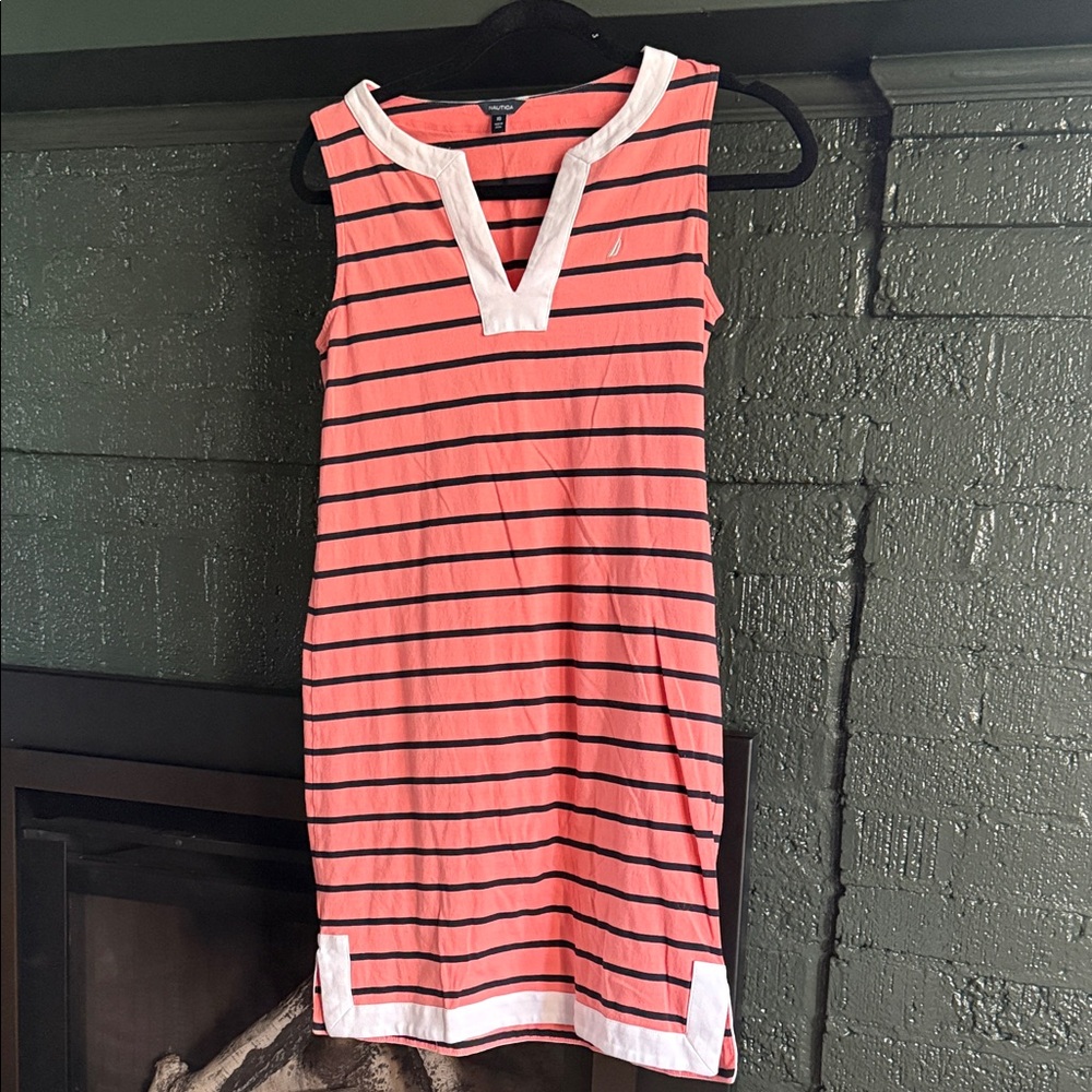 Nautica Sleeveless Coral Striped V-Neck Cotton Dress